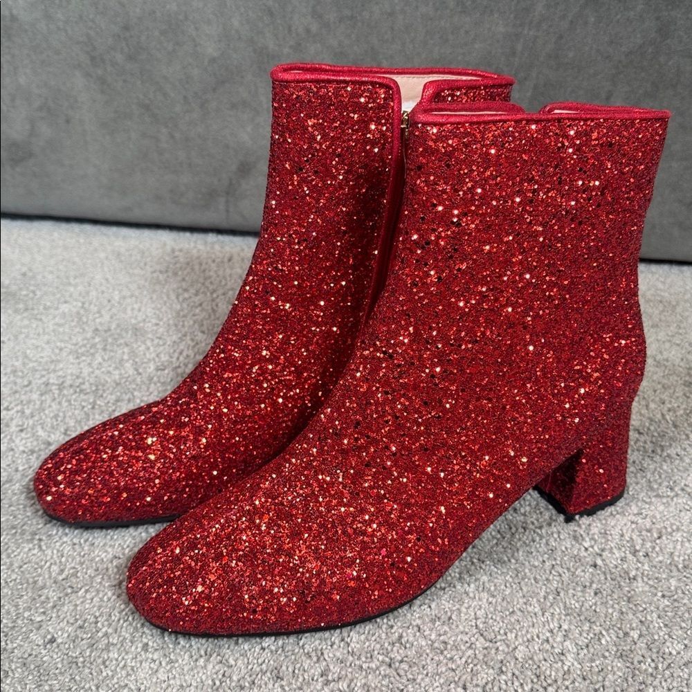 Women’s Red Glitter Covered Chunky Heeled Party Boots with Zipper Size 11 NEW - Picture 3 of 13